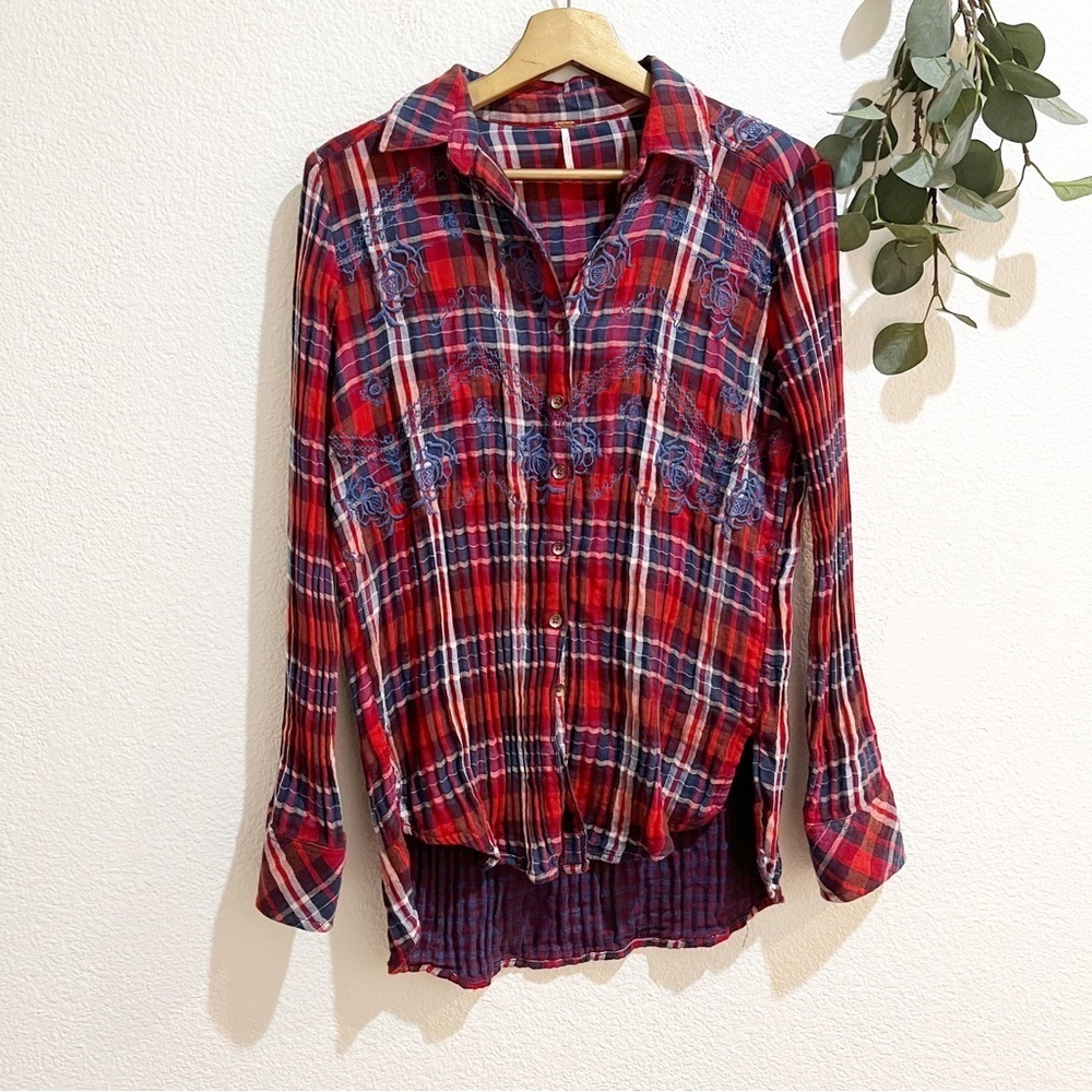 Free People- Magical Red Embroidered Oversized Plaid- XS